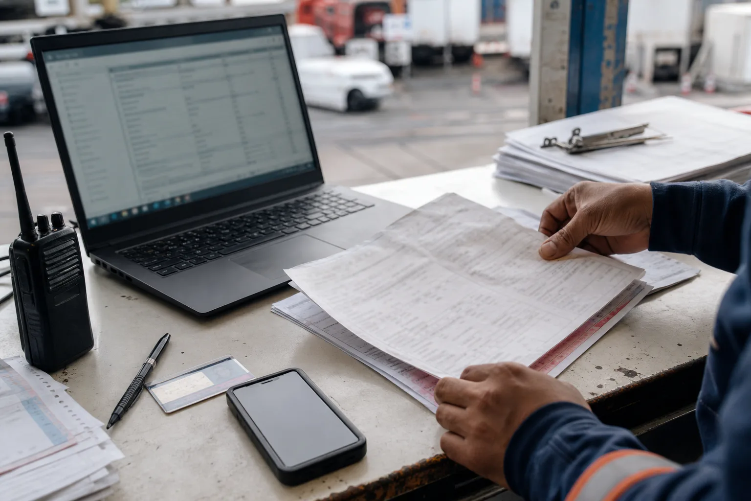 A logistics operator working between paper documents and a digital record