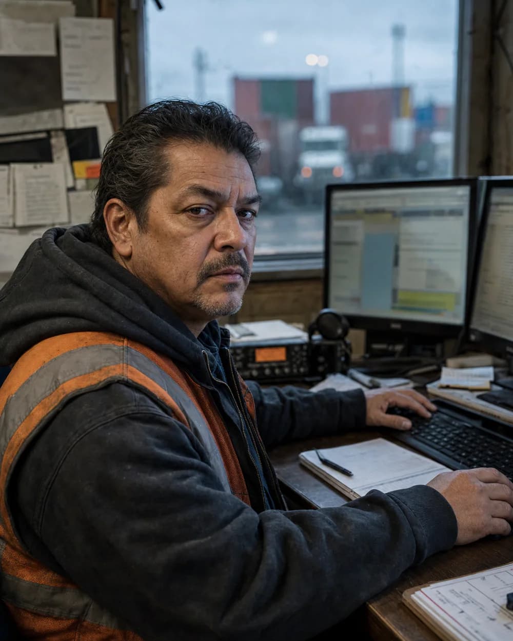 A skeptical drayage dispatcher at a crowded operations desk.